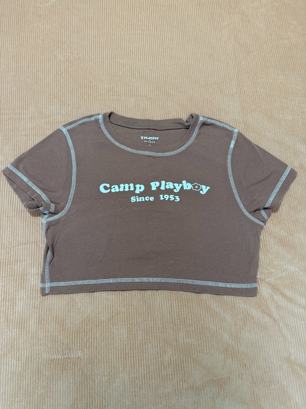 PacSun Brown Crop Tee with Light Blue 'Camp Playboy' Graphic